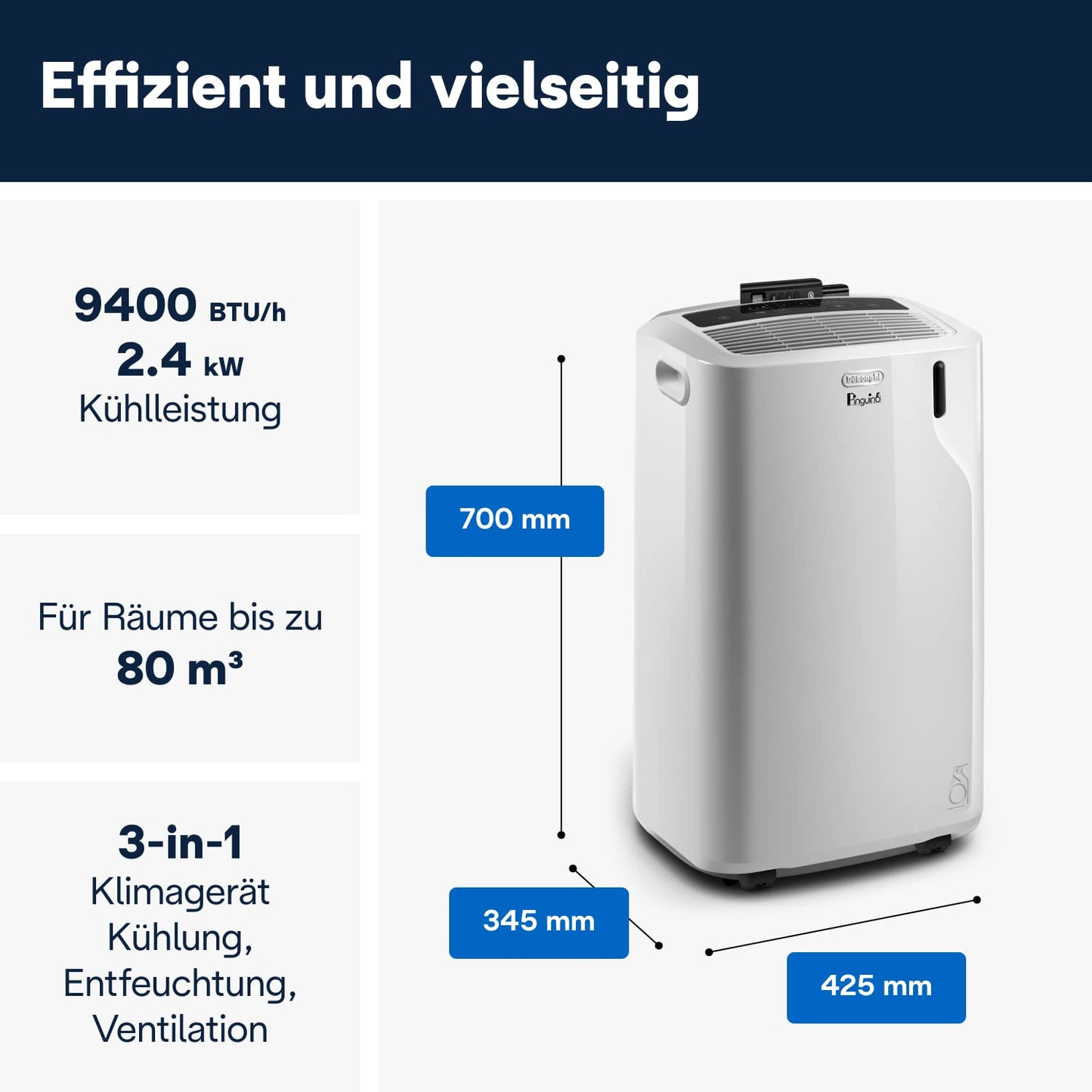 De'Longhi Pinguino - 3-in-1 Mobiles Klimagerät, für Räume bis 27 m², mit Luftentfeuchter & Ventilator, 9400 BTU