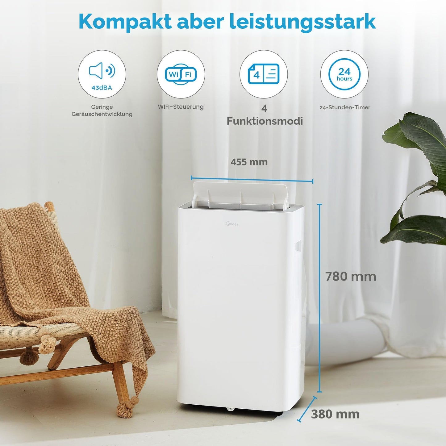 Midea Mobiles Klimagerät Silent Cool 26 Pro WF, 3-in-1 Klimaanlage mit Abluftschlauch, Kühlen & Entfeuchten&Ventilieren, 9000 BTU