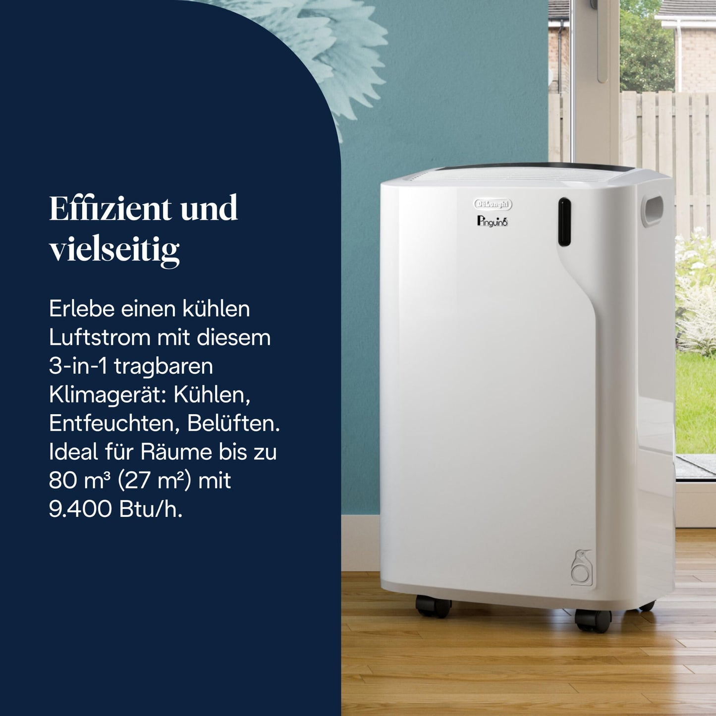 De'Longhi Pinguino - 3-in-1 Mobiles Klimagerät, für Räume bis 27 m², mit Luftentfeuchter & Ventilator, 9400 BTU