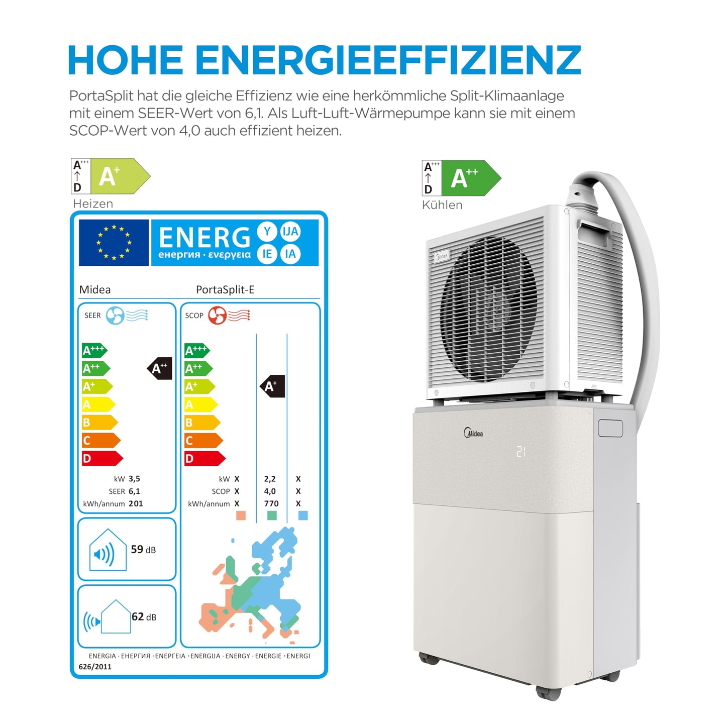 Midea PortaSplit-E Mobile Klimaanlage,Kühlen A++/Heizen A+, 12000 BTU 3,5kW